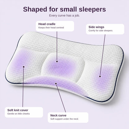 Little Rheva pillow zones: head cradle, side wings and neck curve